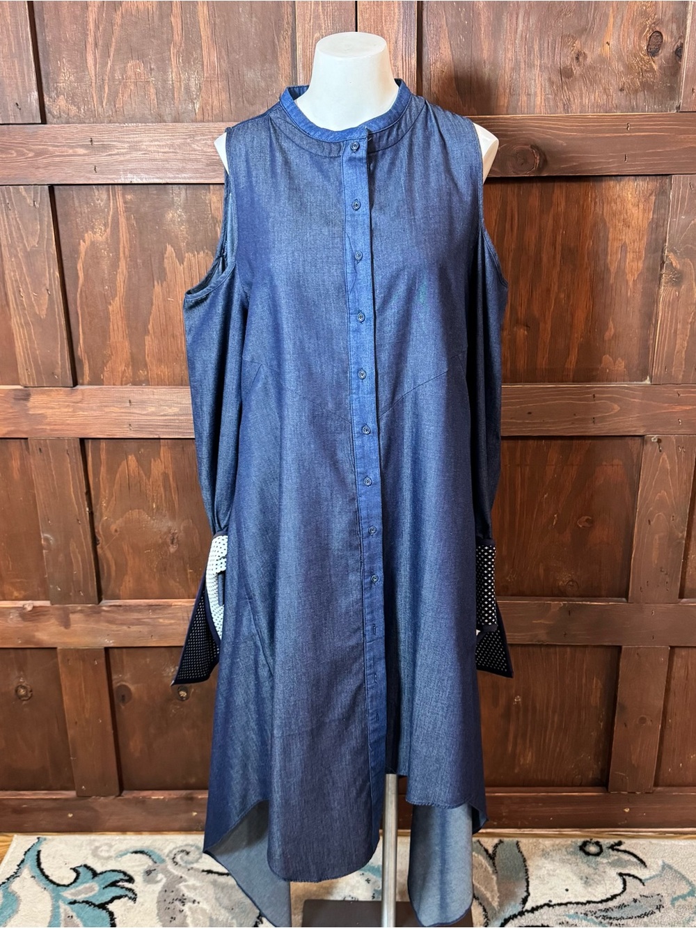 Sleeveless Cold-Shoulder High-Low Denim Dress in Blue